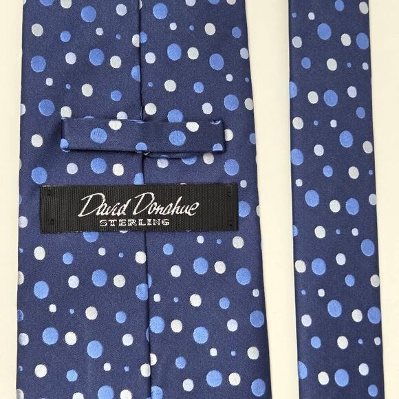 DAVID DONAHUE STERLING SILK TIE BLUE WHITE POLKA DOT SATIN LUXURY 4" X 59" - Picture 3 of 3